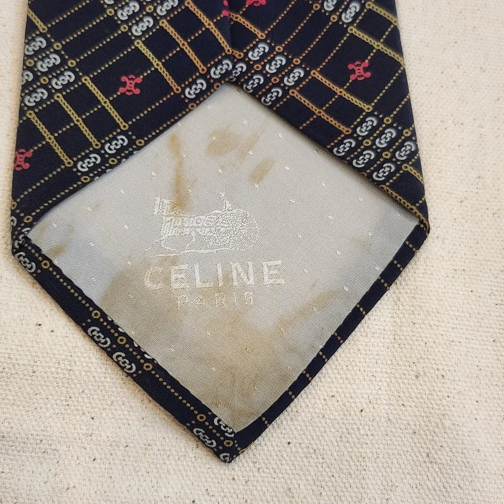 Vintage Celine Paris Silk Tie Navy Blue with Gold Chain & Sulky Horse Emblem